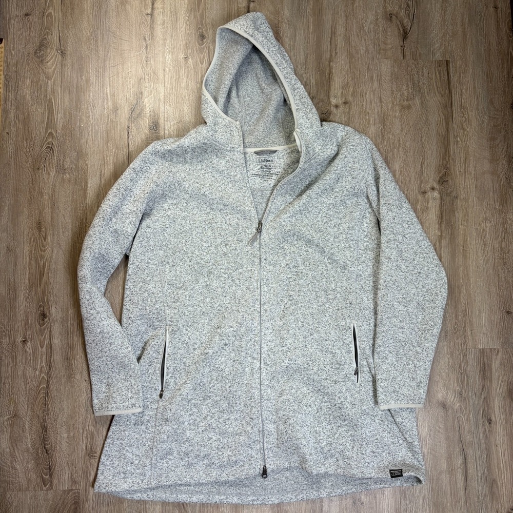 LL Bean Sweater Fleece Coat Womens 3X Plus Gray Hood Full Zip Long Jacket 503355